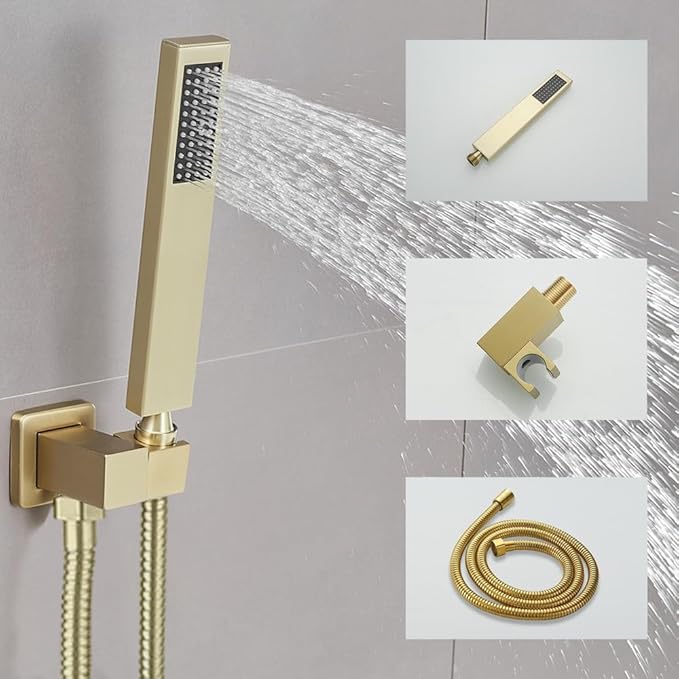 Brushed Gold Shower System 8 Inch Bathroom Luxury Rain Mixer Shower Combo Set Wall Mounted Rainfall Shower Head and Handheld System Shower Faucet Set Rough-in Valve Body and Trim Kit