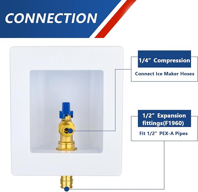 Ice Maker Outlet Box,1/2 Inch PEX-A F1960 Expansion Inlet and 1/4 Inch OD Compression Outlet Connection, Icemaker Box with Installed 1/4-Turn Ball Valve