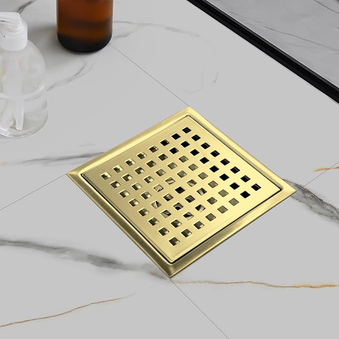morefine Gold Shower Drain 6 inch with Flange, Square Shower Drain with Removable Grate Cover, SUS 304 Stainless Steel, Brushed Gold