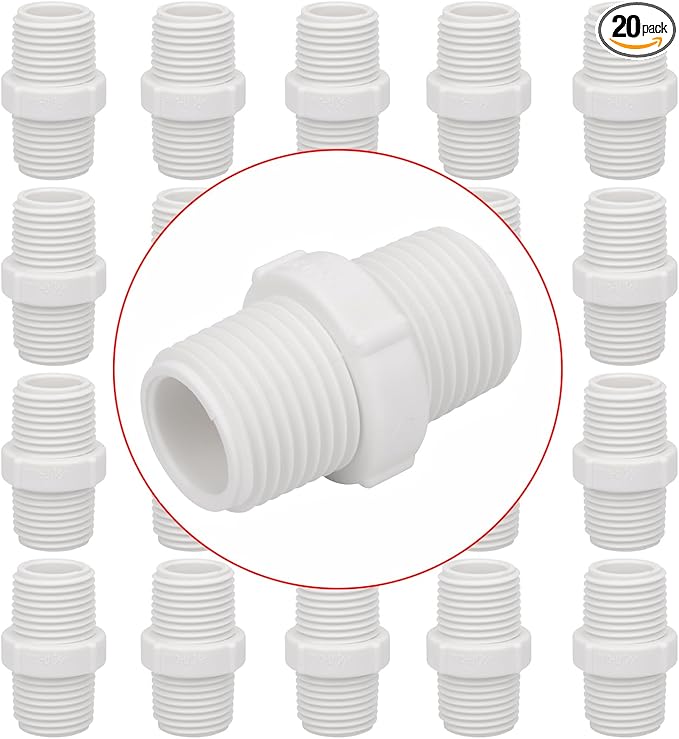 20Pack 1/2 Inch PVC Nipple Coupling Adapter Connector (Male x Male) 1/2" PVC NPT Thread Pipe Fitting for Plumbing, Home or Industrial Use, Schedule 40
