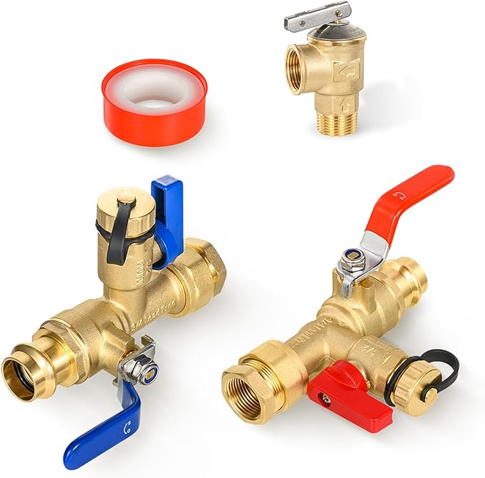 (Set of 1 Kit) HeSun 3/4" FIP X 3/4" PRESS IPS Isolator Tankless Water Heater Service Valve Kit, with Pressure Relief Valve(TOOL055)