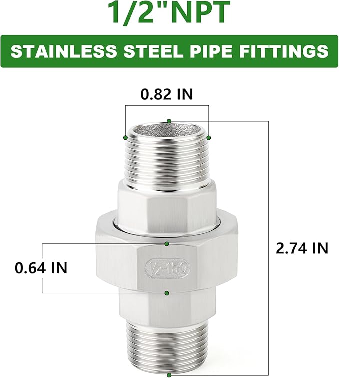TAISHER 1PCS 304 Stainless Steel Union，1/2" NPT Male x 1/2" NPT Male Cast Pipe Fitting