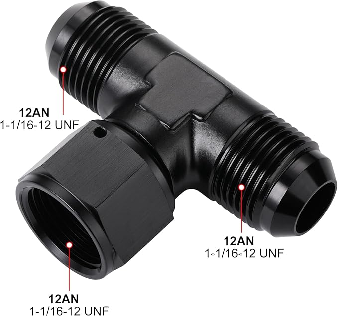 12AN Male Flare Tee T Fitting Adapter with AN12 Female Swivel On Side Aluminum Black