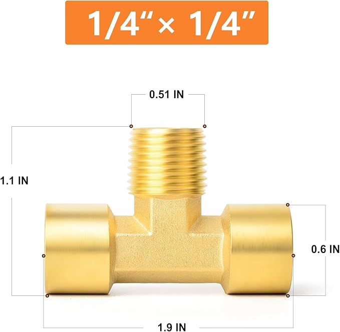 GASHER 5PCS Metals Brass Pipe Fitting Barstock Male Branch Tee T Adapter 1/4" Female x 1/4" NPT Female x 1/4" NPT Male
