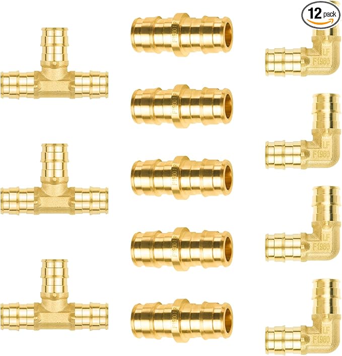 12-Pack YVSKM 1/2" PEX-A Fittings Set – 3 Tee, 4 Elbow, 5 Coupling, ASTM F1960 Expansion Fittings,No Lead Brass, Compatible with PEX-A Tubing, Residential Hot & Cold Water and Radiant Heating Systems