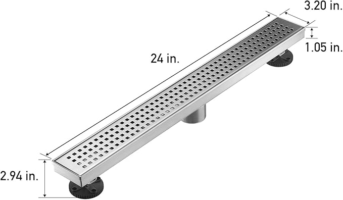 Linear Shower Floor Drain, Brushed Nickel 24 Inch 304 Stainless Steel Bathroom Drains Kit, Long Rectangular Shower Trench Drain with Square Pattern Drain Cover & Hair Catcher