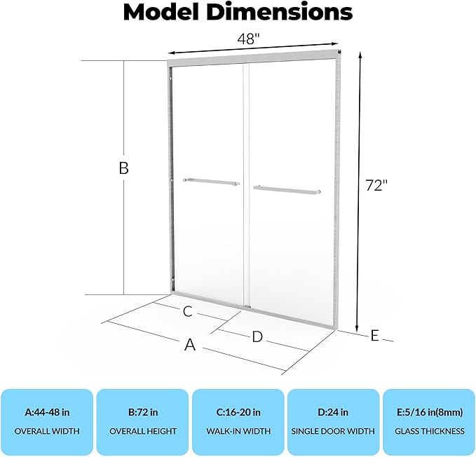 44-48 Inch Sliding Shower Door with 8mm Tempered Glass - Adjustable Width Bypass Shower Enclosure, Aluminum Alloy Square Frame & Brushed Nickel Finish for Modern Bathroom Remodel