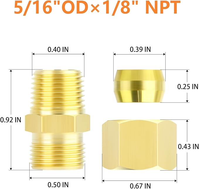 GASHER 10PCS Brass Compression Tube Pipe Fitting Connector, Straight Coupling Adapter 5/16" Tube OD x 1/8" NPT Male Connector