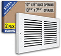 [2 Pack] Fits 12x6 Duct Opening | Steel Baseboard Return Air Grille by Handua | Vent Cover Grill | 7/8" Margin Turnback [Depth] to Fit Baseboard | White | Outer Dimensions: 13.75"W X 7.75 "H