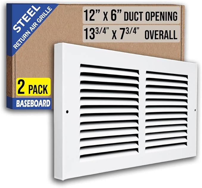 [2 Pack] Fits 12x6 Duct Opening | Steel Baseboard Return Air Grille by Handua | Vent Cover Grill | 7/8" Margin Turnback [Depth] to Fit Baseboard | White | Outer Dimensions: 13.75"W X 7.75 "H
