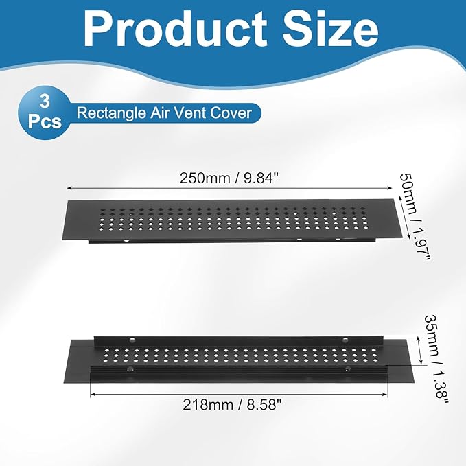PATIKIL 10 x 2 Inch Door Air Vent Cover, 3 Pcs Aluminum Grille Ventilation Cover Louvered Diamond Hole with Mounting Screws for Cabinet Wardrobe Ceiling Door, Black