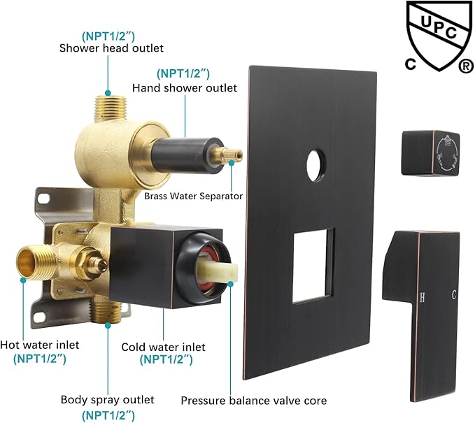 Concealed Brass 3 Way Outlet Function Shower Diverter Valve Flow Control Mixer Mixing Rough-In Shower Valve Kit, ‎Oil Rubbed Bronze