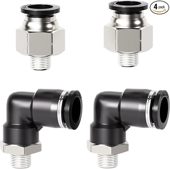 TAILONZ PNEUMATIC Elbow and Straight Combination 1/2 Inch Tube OD x 1/8 Inch NPT Thread Push to Connect Fittings PC-1/2-N1+PL-1/2-N1(Pack of 4)