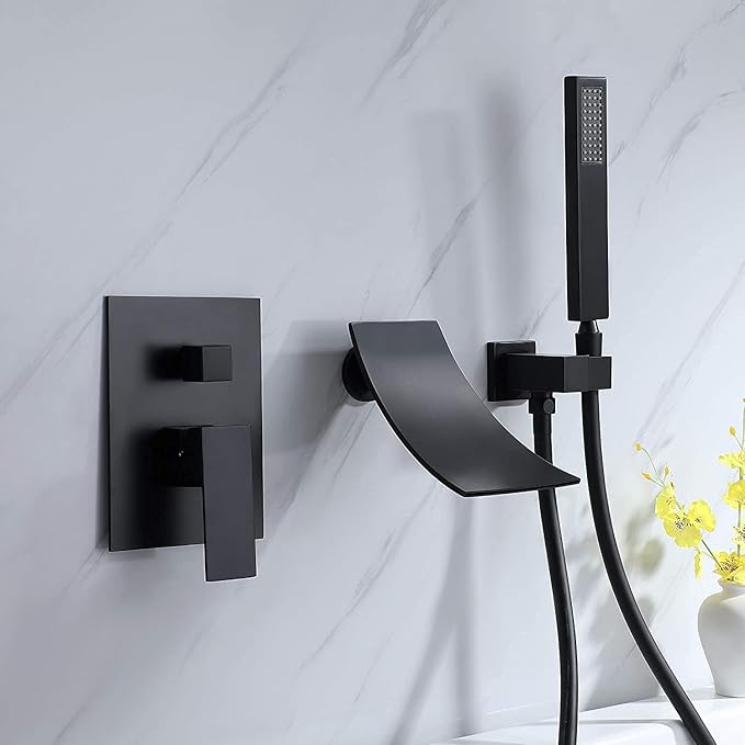Wall Mount Bathtub Faucet with Handheld Shower, Matte Black Single Handle Bathroom Waterfall Tub Filler Solid Brass Tub Shower Faucet Set Rough-in Valve Trim Kit