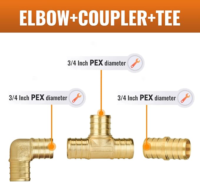 SUNGATOR 36-Pack 3/4" PEX Fittings, 12 Each Elbow Tee Coupling, No Lead Brass Pex Fittings 3/4 Inch Assortment, UPC, NSF Certified