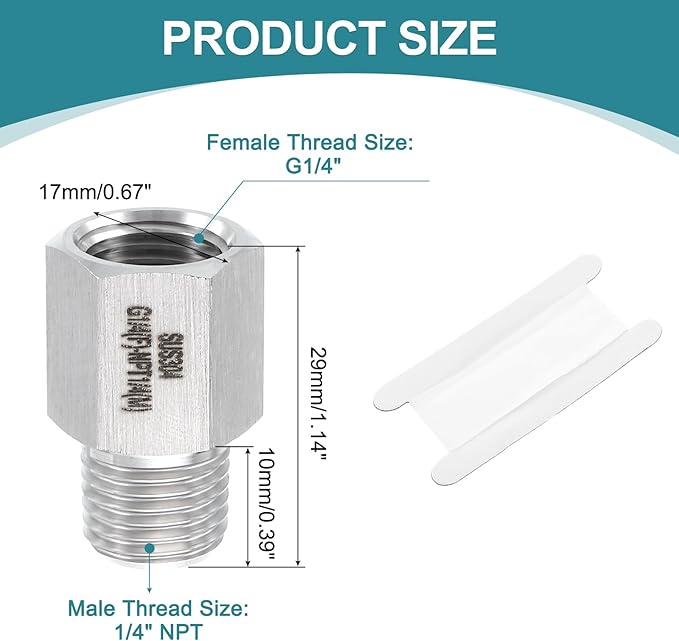 uxcell Pipe Fitting Reducing Adapter, 1/4" NPT Male x G1/4" Female 304 Stainless Steel Reducer Connectors for Water Oil Air Pressure Gauge, Silver