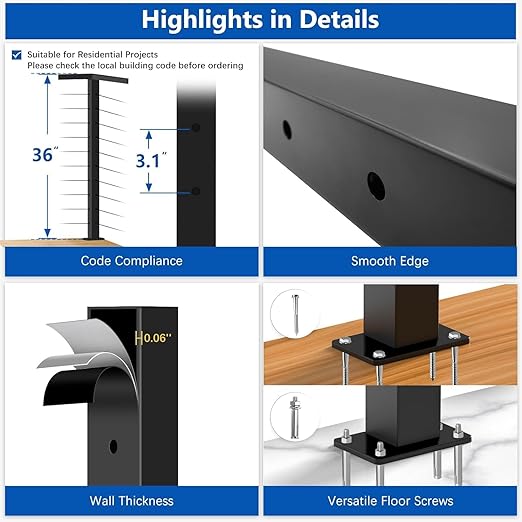 36" Expandable 20-24FT Black T304 Cable Railing Post Kit, Complete Cable Railing System with 6 Level Posts & 259ft 1/8" Wire Rope(No Handrail), Adjustable Length Easy DIY for Decks/Porch