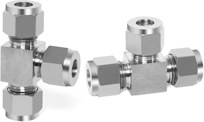 ChillWaves 304 Stainless Steel Tee Compression Tube Fitting, 1/8" OD x 1/8" OD x 1/8" OD Compression Union Connector(2-PACK)