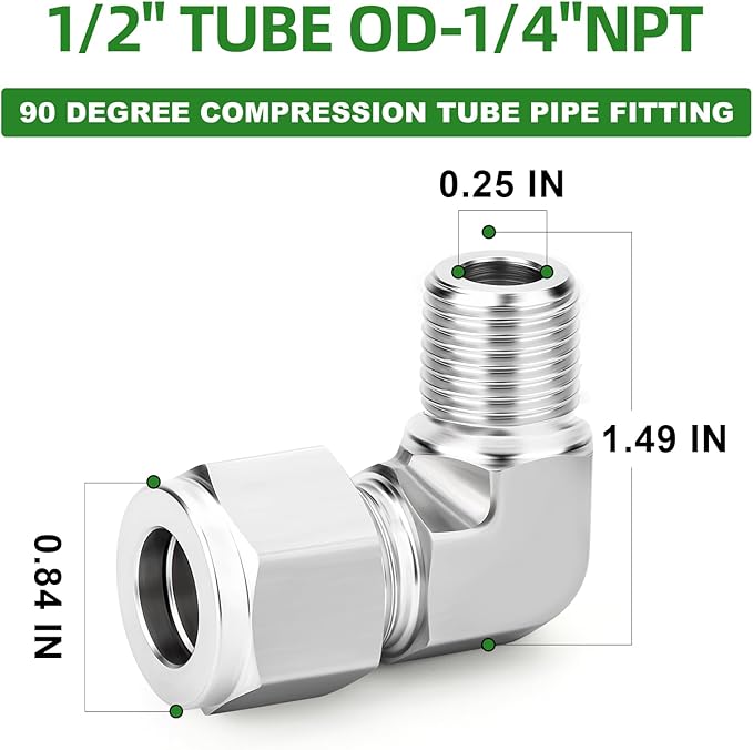 TAISHER 1PCS 316 Stainless Steel 90 Degree Compression Tube Pipe Fitting Connector, 1/2" Tube OD x 1/4" NPT Male Adapter