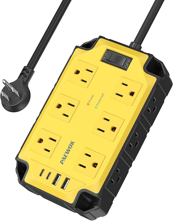 Heavy Duty Power Strip15 Amps/1200 Joules, 12 Outlets with 4 USB Ports (2 USB-C), Industrial Magnetic Surge Protector, 6.5 FT Extension Cord for Industrial Shop Garage (Yellow)