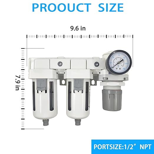 XingNEeng 1/2" NPT Compressed Air Filter Regulator Lubricator (FRL) Unit, Double Water/Oil Trap Separator, Gauge(0-150 psi), Semi-Auto Drain Air Compressor Water Separator, Poly Bowl, Metal Bracket