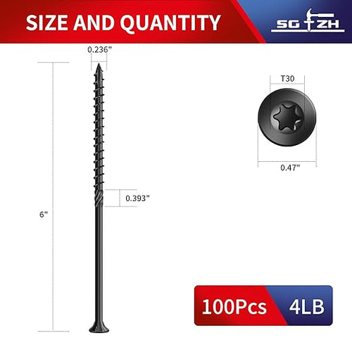 #14 x 6 Inch Deck Screws (100Pcs) 4lb. Carbon Steel, Black, Flat Head, Rust Resistant epoxy Coated, with T30 Star Bit