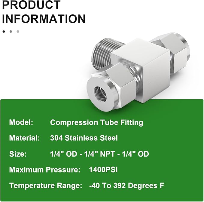 TAISHER 2PCS 304 Stainless Steel Compression Tube Pipe Fitting Connector, 1/4" Tube OD x 1/4" NPT Male x 1/4" Tube OD Tee Adapter