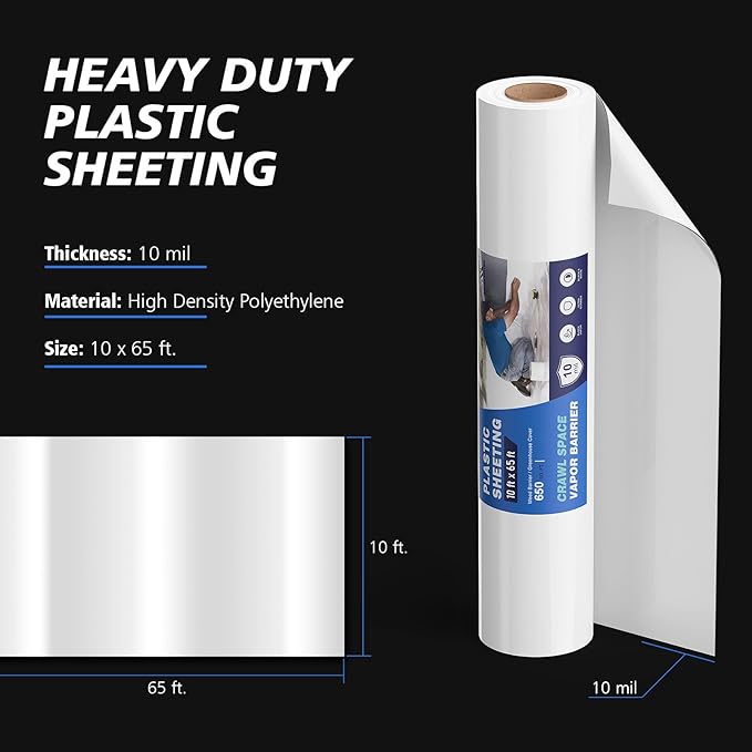 Crawl Space Vapor Barrier - 10 mil (10' x 65'), Thick Plastic sheeting, Drop Cloth Moisture Barrier Covering for Crawl Space Encapsulation, Heavy Duty Polyethylene Film, Black and White Panda Film
