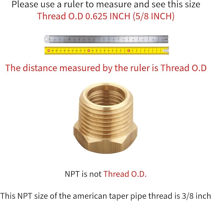 3/8 Inch Male x 1/4 Inch Female Reducing Adapter, NPT Brass Hex Bushing, Hex Head Pipe Fitting, Thread 0.625" OD × 0.5" ID, (Pack of 5)