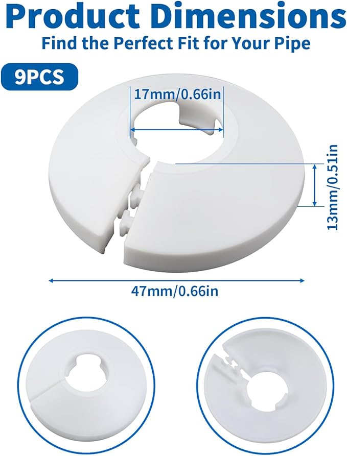 9 PCS Escutcheon Plate, Fit 1/2 Inch Flange Water Pipe Cover Decoration 16mm(5/8"), Plastic PP White Snap-On Escutcheon Plate 1/2 inch Cover for Wall Pipe Tube Decoration