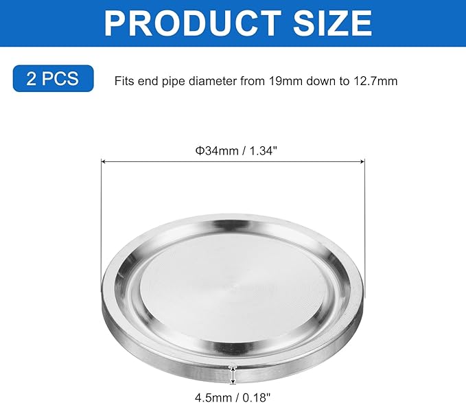 PATIKIL Tri Sanitary Clamp End Cap, 2Pcs 304 Stainless Steel Solid Sanitary Fitting Cap Plug Fits for 3/4"(19mm) Tube OD Ferrule Flange 34mm OD Fitting Clamp, Silver