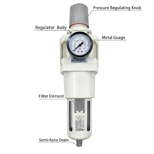 XingNEeng 1" NPT Compressed Air Filter Regulator Lubricator Combo, Water/Oil Trap Separator, Gauge(0-150 psi), Semi-Auto Drain, Poly Bowl, 5 Micron Brass Element, Metal Bracket, for Pneumatic Systems