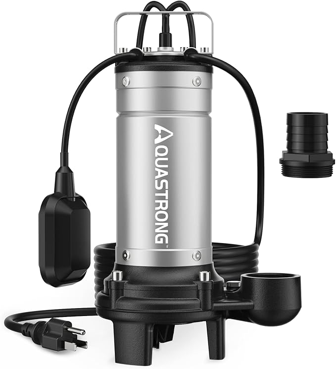 Aquastrong 1HP Sewage Sump Pump, Stainless Steel, 115V Automatic Float Switch, Cast Iron Impeller, Submersible Effluent/Sewage Pump for Sump Basin, Basement, 2'' NPT Discharge with 5283GPH
