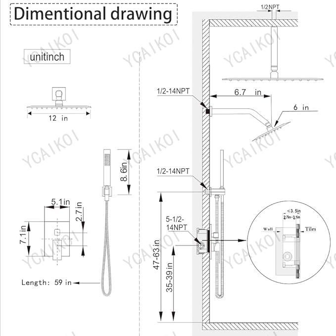 Shower Faucet Set Brushed Gold Shower System, Knob Switch Diverter Shower Faucet with High Pressure Handheld Spray, Ceiling Mount 12 Inch Shower Head with 6 Inch Wall Mount Shower Head