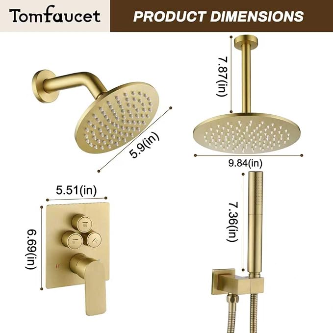 Rain Shower System, Push Button Diverter Shower Faucet Set with 2 in 1 Handheld Spray, Wall Mount Shower, Ceiling Mount Shower Head 3-Function Rainfall Shower System-Brushed Gold
