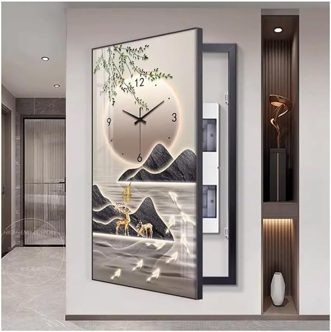 Fuse Box Cover Cabinet, Breaker Box Cover, Decorative Painting of Electricity Meter with Clock, Wall Mounted Hide Electrical Panel Cover Decorative,H,60x120cm