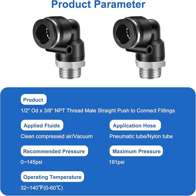 10 Pcs Push to Connect Fittings 1/2 Inch Tube OD x 3/8 Inch NPT Thread Pneumatic Male Elbow Quick Connect Air line fittings