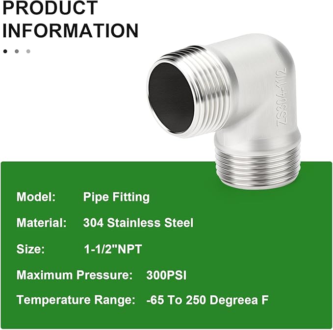 TAISHER 2PCS 304 Stainless Steel 90 Degree elbow,1-1/2" NPT Male × 1-1/2" NPT Male Thread Pipe Fitting