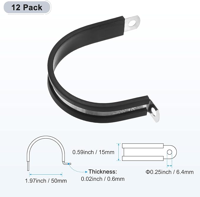 12-Pack Cable Clamps, 1-31/32 Inch/ 50 mm 304 Stainless Steel Rubber Cushioned Insulated Cable Clamp R Shape Metal Holder for Tube/Wire/Pipe/Loop Installation