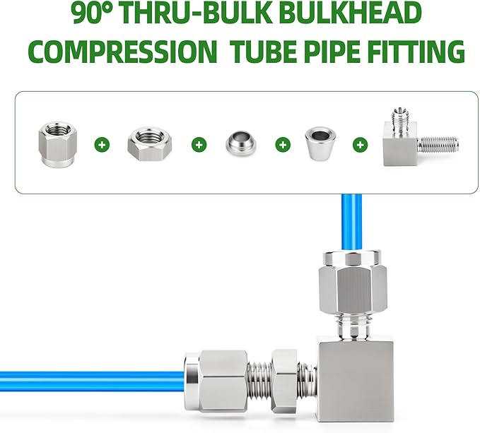 TAISHER 1PCS 304 Stainless Steel 90 Degree Thru-Bulk Bulkhead Compression Tube Pipe Fitting Connector, 1/4" Tube OD x 1/4" Tube OD Straight Adapter