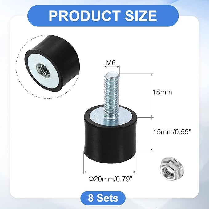 uxcell M6 Rubber Mounts, 8Pcs 20x15mm(DxH) Rubber Cylindrical Anti Vibration Isolator Shock Absorber with Lock Nut for Car Bobbin Generator Air Compressors