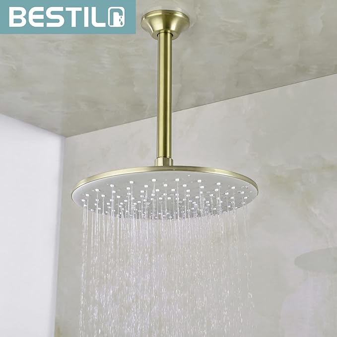 BESTILL 8 Inch Ceiling Mount Rain Shower Head Arm and Flange, Brushed Gold