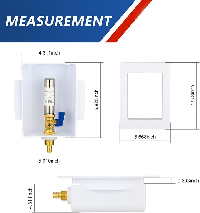 Ice Maker Outlet Box with Stainless Steel Water Hammer Arrestor,1/2 Inch Crimp PEX F1807 Inlet and 1/4 Inch OD Compression Outlet Connection, Icemaker Box with Installed 1/4-Turn Ball Valve