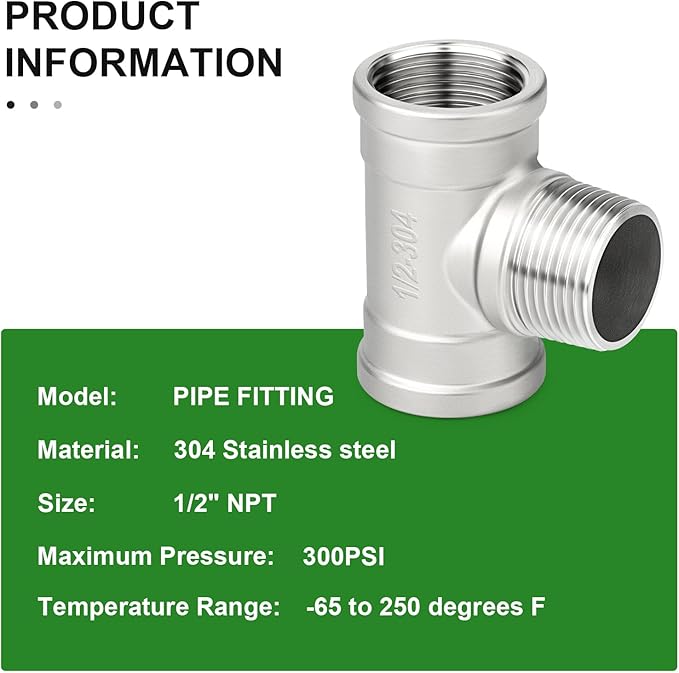TAISHER 2PCS 304 Stainless Steel Tee Pipe Fittings, 1/2" NPT Female x 1/2" NPT Male x 1/2" NPT Female Pipe Fittings, Male Branch Tee