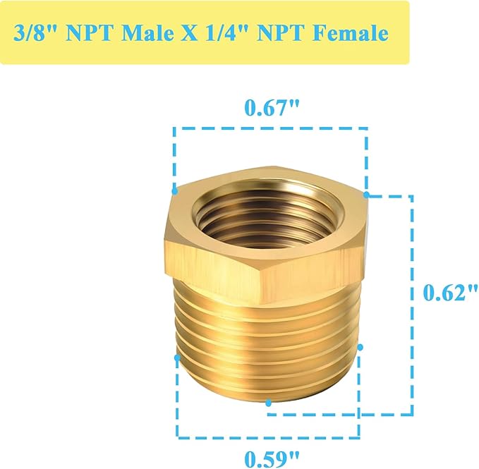 6 PCS Brass Reducer Hex Bushing Threaded Pipe Fitting 3/8" NPT Male x 1/4" NPT Heavy Duty Brass Fitting Pipe Hose Tube Adapter Convert