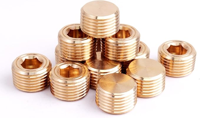 12PCS Brass Pipe Plug Fitting 3/8" NPT Male Plug Hex Counter Sunk Plugs,Internal Hex Thread Socket Pipe Plugs Kit