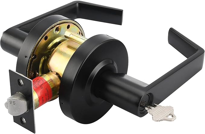 LYNN HARDWARE Commercial Door Lever Lock - Heavy-Duty Locking Door Handle, Designer Door Handles, Cylindrical Lever Lock, Non-Handed Grade 2 Door Handle, Matte Black, Entrance Keylock w/Clutch