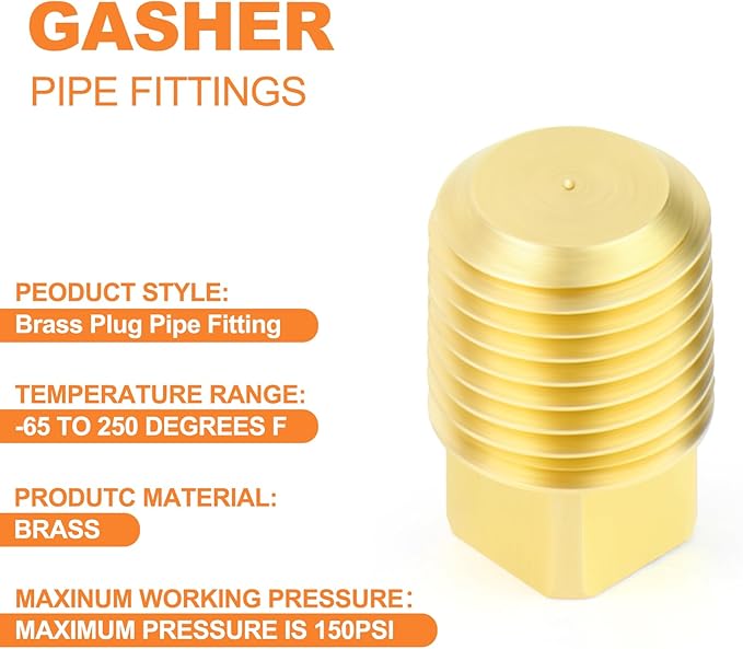 GASHER 10PCS Brass Fitting 1/4" NPT Male Brass Plug Pipe Fitting, Square Head Plug
