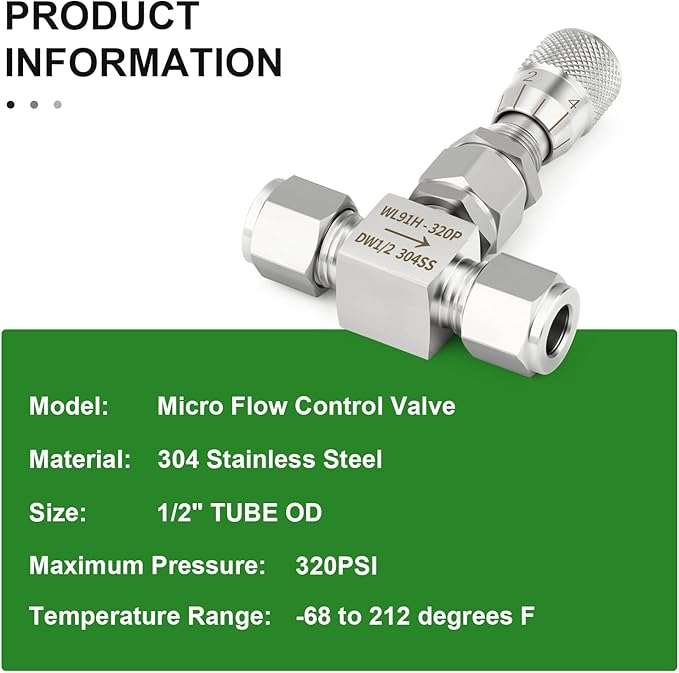 TAISHER 1PCS 304 Stainless Steel Reduce Port 3mm Needle Valve 1/2" OD，Accurate Dials For Micro Flow Control Instrument Gauge Water Gas Oil