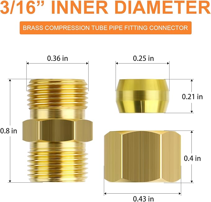 GASHER 20PCS Brass Compression Tube Pipe Fitting Connector, 3/16" Tube OD x 3/16" Tube OD Connector